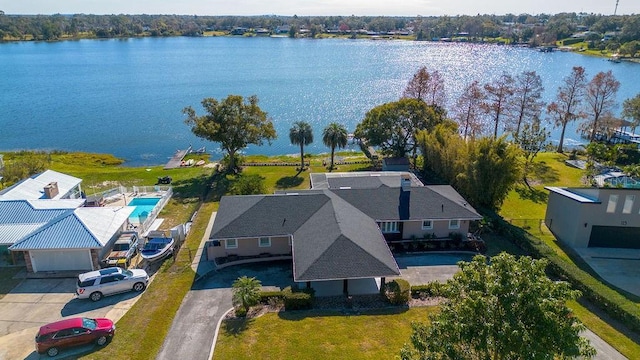 aerial view featuring a water view