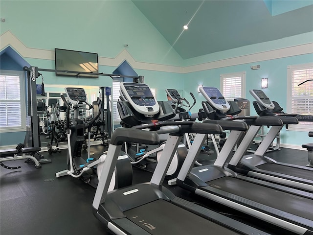 workout area featuring high vaulted ceiling