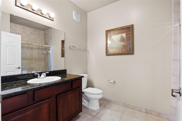 bathroom featuring walk in shower, tile patterned floors, toilet, and vanity