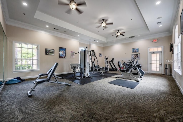 gym with ornamental molding, a raised ceiling, a healthy amount of sunlight, and carpet