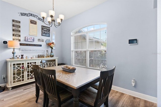 dining area featuring hardwood / wood-style floors and a chandelier