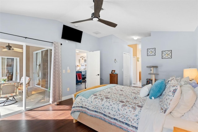 bedroom featuring wood-type flooring, lofted ceiling, access to exterior, and ceiling fan