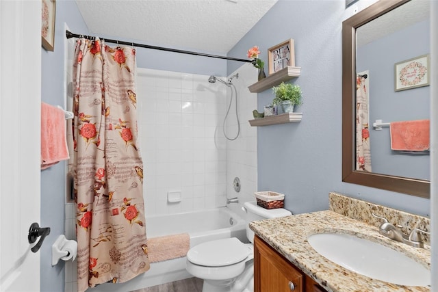 full bathroom featuring vanity, shower / bathtub combination with curtain, a textured ceiling, and toilet