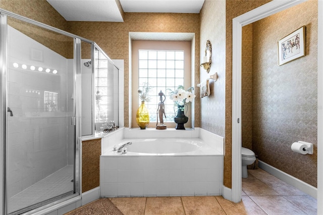 bathroom with separate shower and tub, tile patterned floors, and toilet