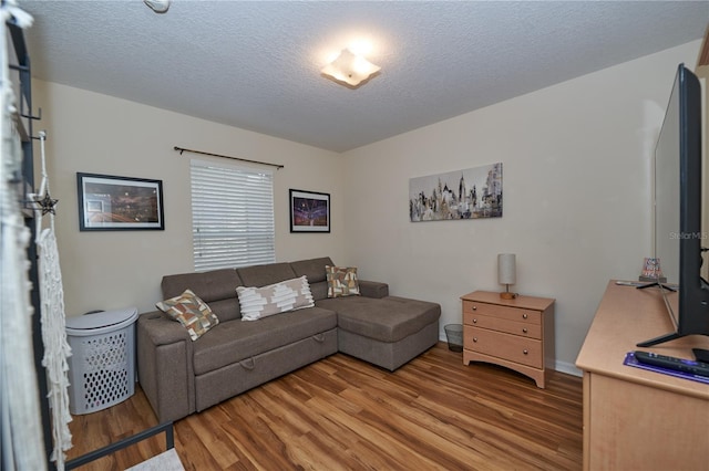 living room with hardwood / wood-style floors and a textured ceiling