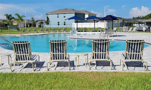 view of pool featuring a yard and a patio