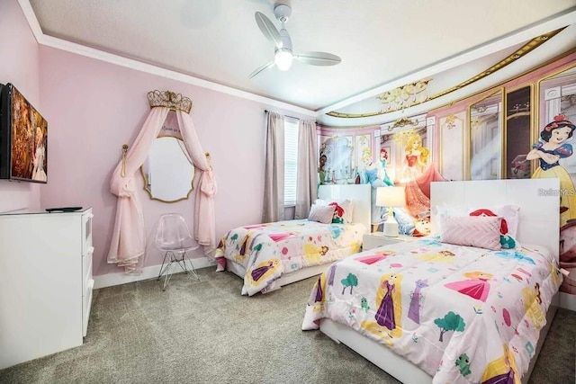 carpeted bedroom with crown molding and ceiling fan