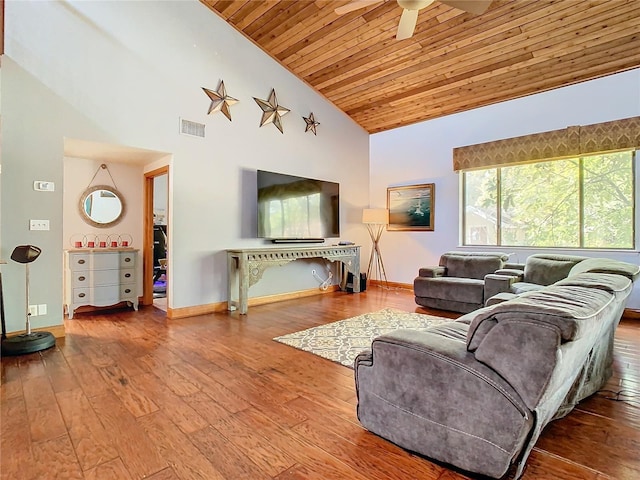 living room featuring hardwood / wood-style flooring, ceiling fan, wooden ceiling, and high vaulted ceiling