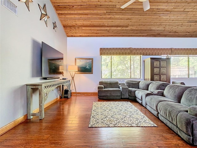 living room featuring hardwood / wood-style floors, wooden ceiling, high vaulted ceiling, and ceiling fan