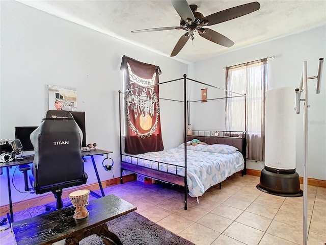 bedroom featuring tile patterned floors and ceiling fan