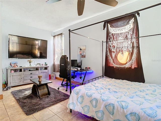 bedroom featuring ceiling fan and light tile patterned flooring