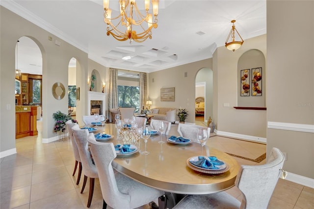 dining area with coffered ceiling, ornamental molding, and light tile patterned flooring