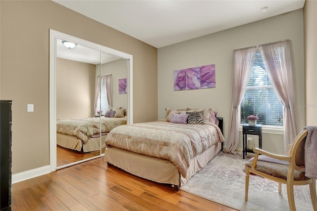 bedroom featuring wood-type flooring and a closet