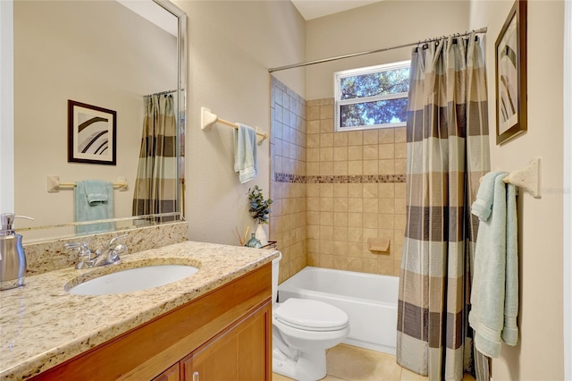 full bathroom featuring vanity, tile patterned flooring, toilet, and shower / bath combo with shower curtain