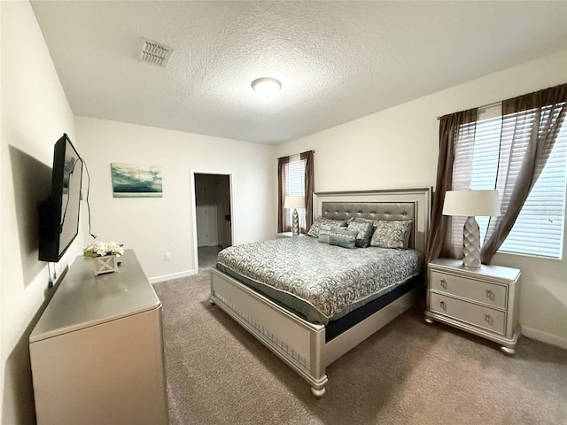 carpeted bedroom with multiple windows and a textured ceiling