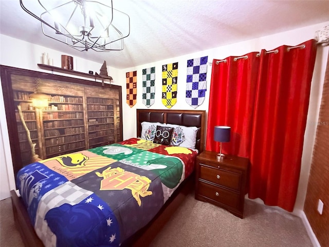 carpeted bedroom with a notable chandelier