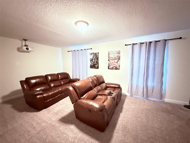 living room featuring a textured ceiling and carpet