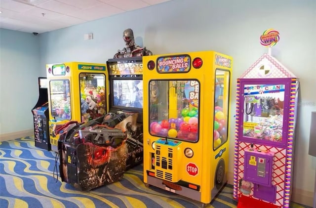 recreation room featuring carpet flooring