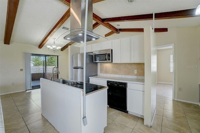 kitchen with vaulted ceiling with beams, backsplash, stainless steel appliances, island range hood, and white cabinets