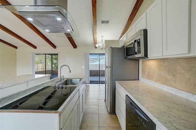 kitchen featuring white cabinetry, sink, backsplash, black appliances, and beam ceiling