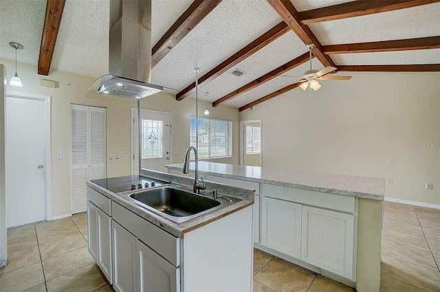 kitchen with a kitchen island with sink, decorative light fixtures, and island range hood