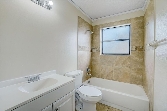 full bathroom with toilet, ornamental molding, vanity, and shower / washtub combination