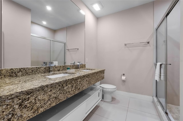 bathroom featuring tile patterned flooring, vanity, a shower with door, and toilet