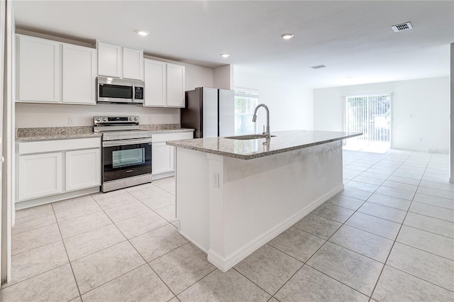 kitchen featuring a kitchen island with sink, sink, white cabinetry, and stainless steel appliances