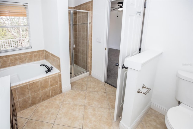 bathroom featuring tile patterned flooring, ceiling fan, toilet, and separate shower and tub