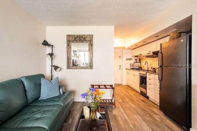 living room with a textured ceiling and light wood-type flooring