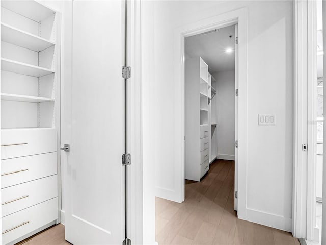 spacious closet with light hardwood / wood-style flooring