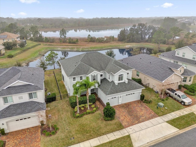 drone / aerial view with a water view