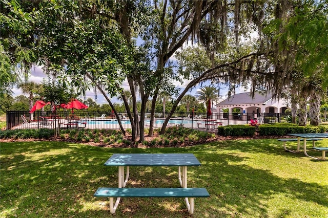 view of community featuring a swimming pool and a yard