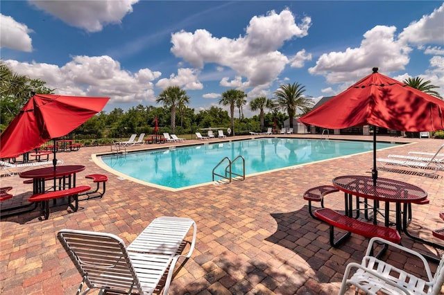 view of swimming pool featuring a patio area