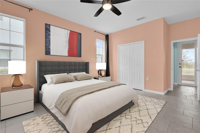 bedroom with ceiling fan and a closet