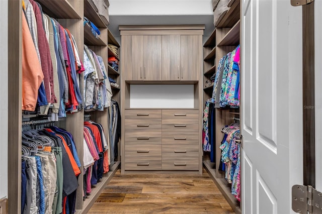 walk in closet with hardwood / wood-style floors