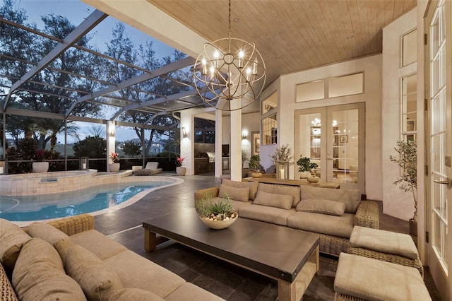 sunroom / solarium featuring wood ceiling