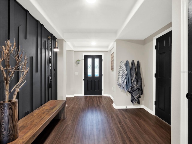 foyer entrance with a tray ceiling and dark hardwood / wood-style flooring