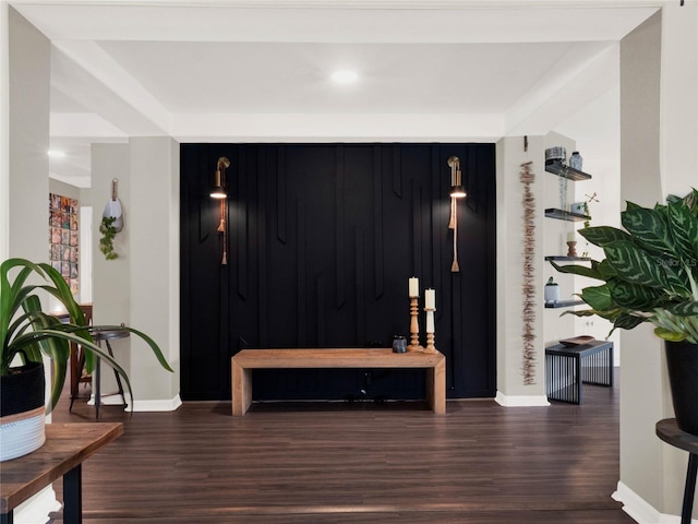 living room featuring dark wood-type flooring