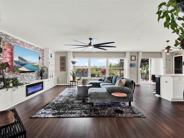 living room featuring dark hardwood / wood-style floors and ceiling fan