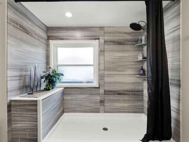 bathroom with a shower with curtain