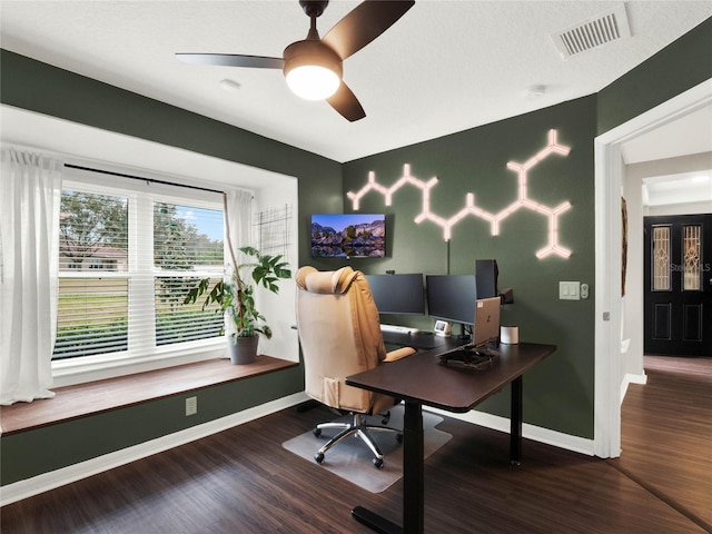 office space with hardwood / wood-style flooring and ceiling fan