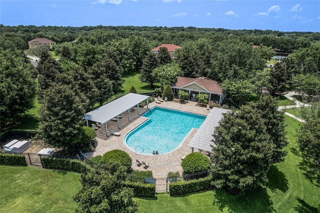 view of swimming pool with a gazebo, a yard, and a patio area