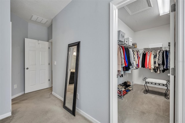 walk in closet with light colored carpet