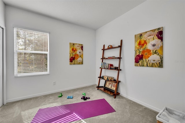 exercise room with light colored carpet and a wealth of natural light