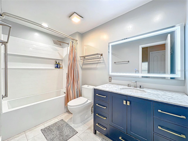 full bathroom featuring tile patterned flooring, vanity, shower / bath combination with curtain, and toilet