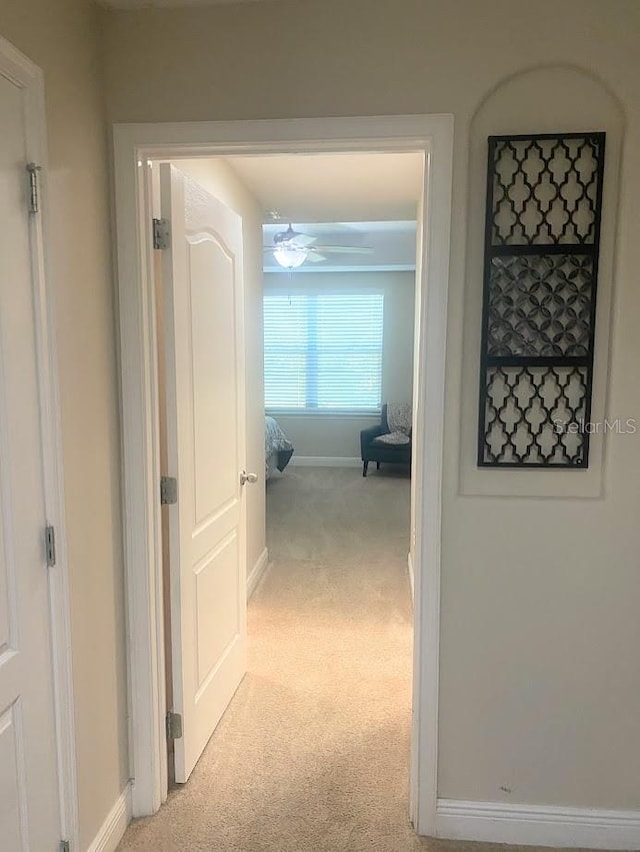 hall with light carpet and baseboards