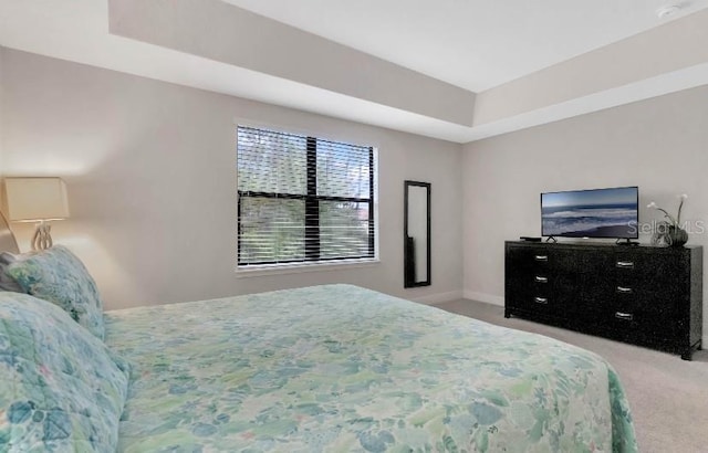 bedroom featuring a tray ceiling, carpet flooring, and baseboards