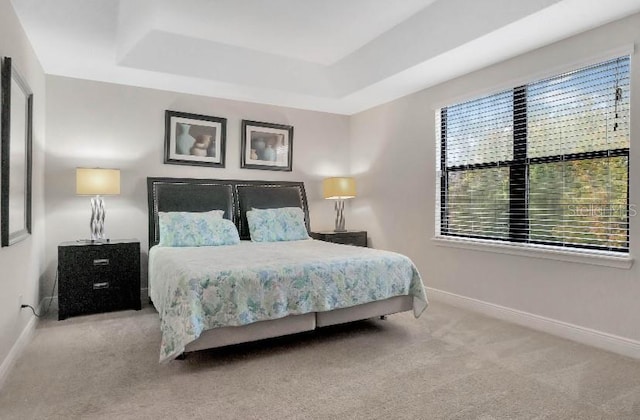 bedroom with carpet floors, a tray ceiling, and baseboards