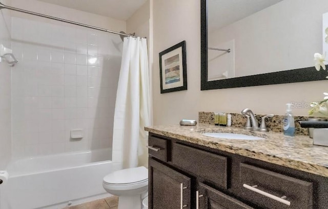 full bath featuring shower / bath combination with curtain, vanity, toilet, and tile patterned floors